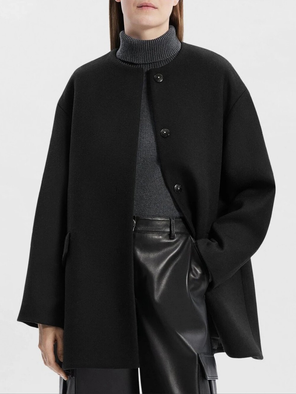 Theory Black Noir Hip Length Wool Melton Coat